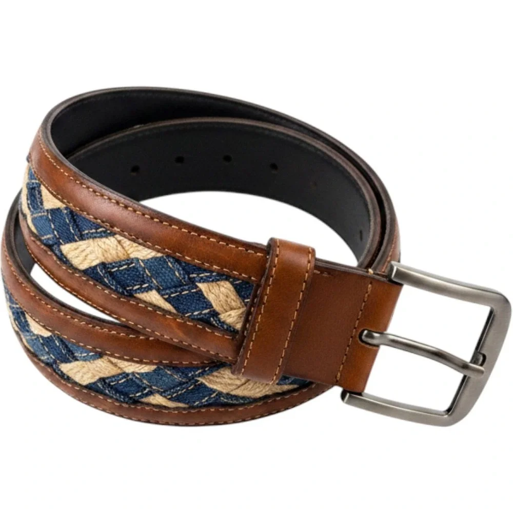 Vintage Levis Mens 34 Brown Latigo Leather Denim Jute Braided Belt Handstained